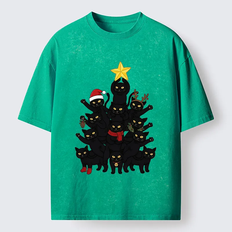 Tokyo‑Tiger Stacked Black Cat Christmas Tree Washed T‑Shirt Sale
