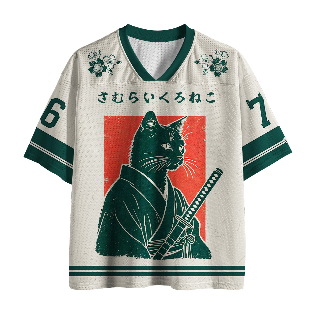 Tokyo-Tiger Japanese Sakura Black Cat Samurai Mesh Jersey