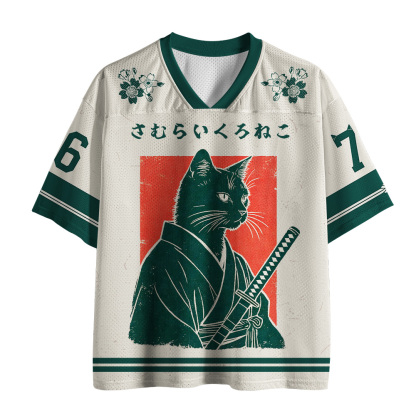 Tokyo-Tiger Japanese Sakura Black Cat Samurai Mesh Jersey