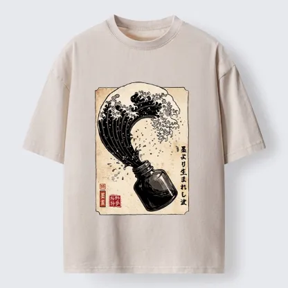 Tokyo‑Tiger Ink Wave Bottle Art Washed T‑Shirt