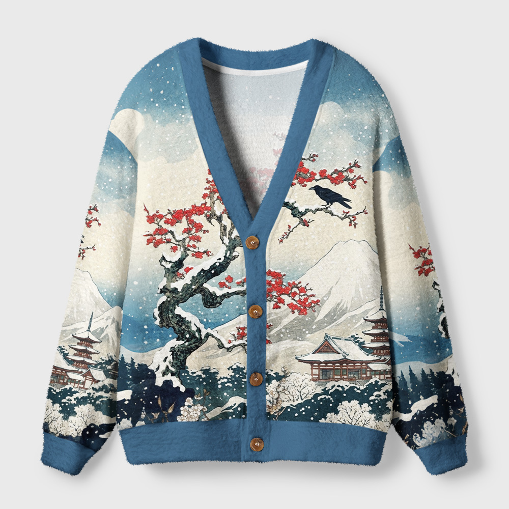 Tokyo-Tiger Crow Snow Ancient Temple Ugly Cardigan Sweater