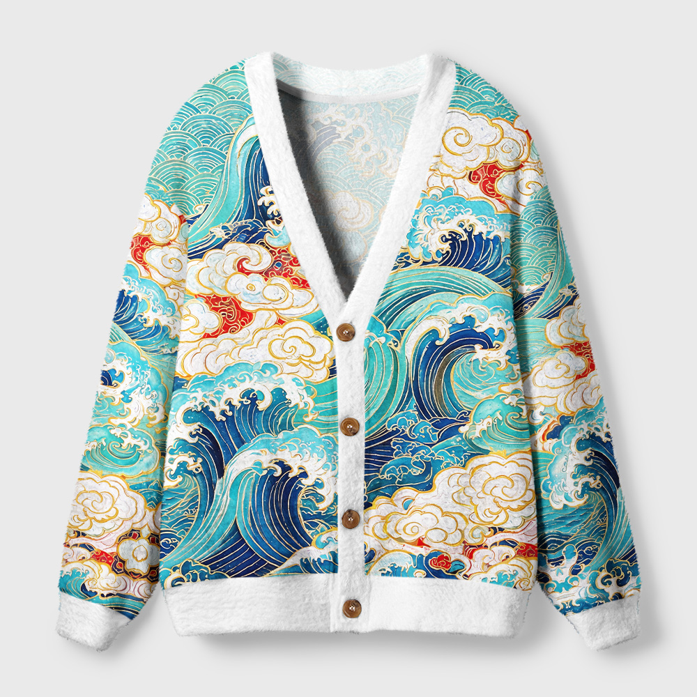 Tokyo-Tiger Colorful Great Waves Ugly Cardigan Sweater