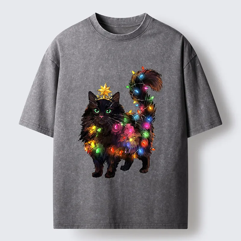 Tokyo-Tiger Christmas Black Cat With Star Crown Washed T-Shirt