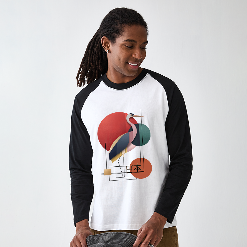 Tokyo-Tiger Geometric Crane Art Raglan Long Sleeve T-shirt