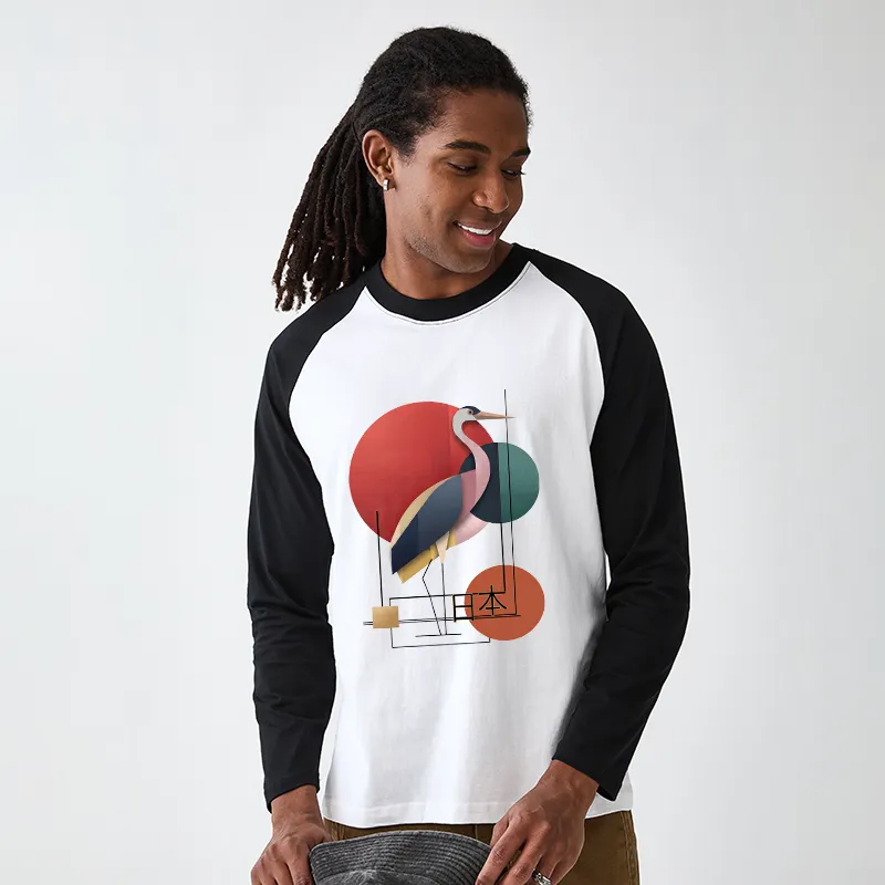 Tokyo-Tiger Geometric Crane Art Raglan Long Sleeve T-shirt