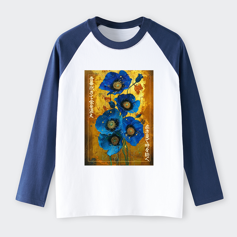 Tokyo-Tiger Shiny Blue Flower Warm Golden Background Raglan Long Sleeve T-shirt