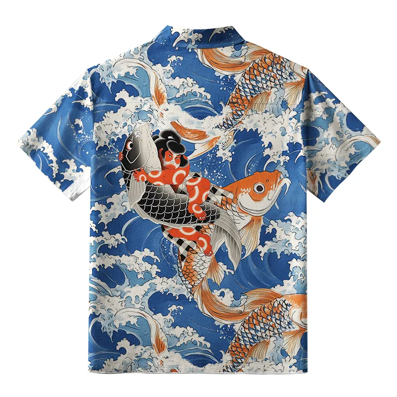 Tokyo-Tiger Sumo Wrestler Holding A Koi Button-up Shirt