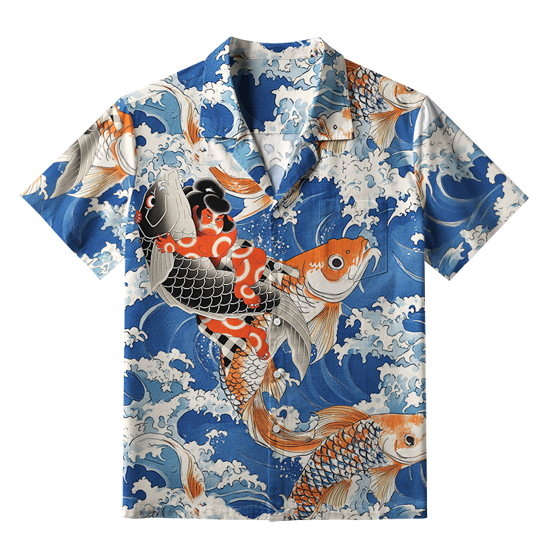 Tokyo-Tiger Sumo Wrestler Holding A Koi Aloha Hawaiian Shirt