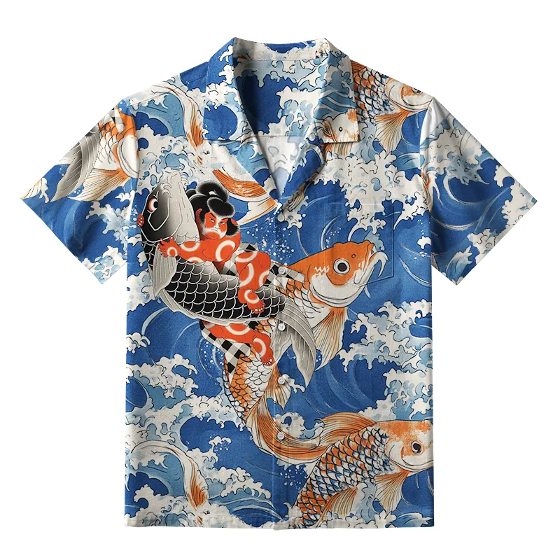 Tokyo-Tiger Sumo Wrestler Holding A Koi Aloha Hawaiian Shirt Sale