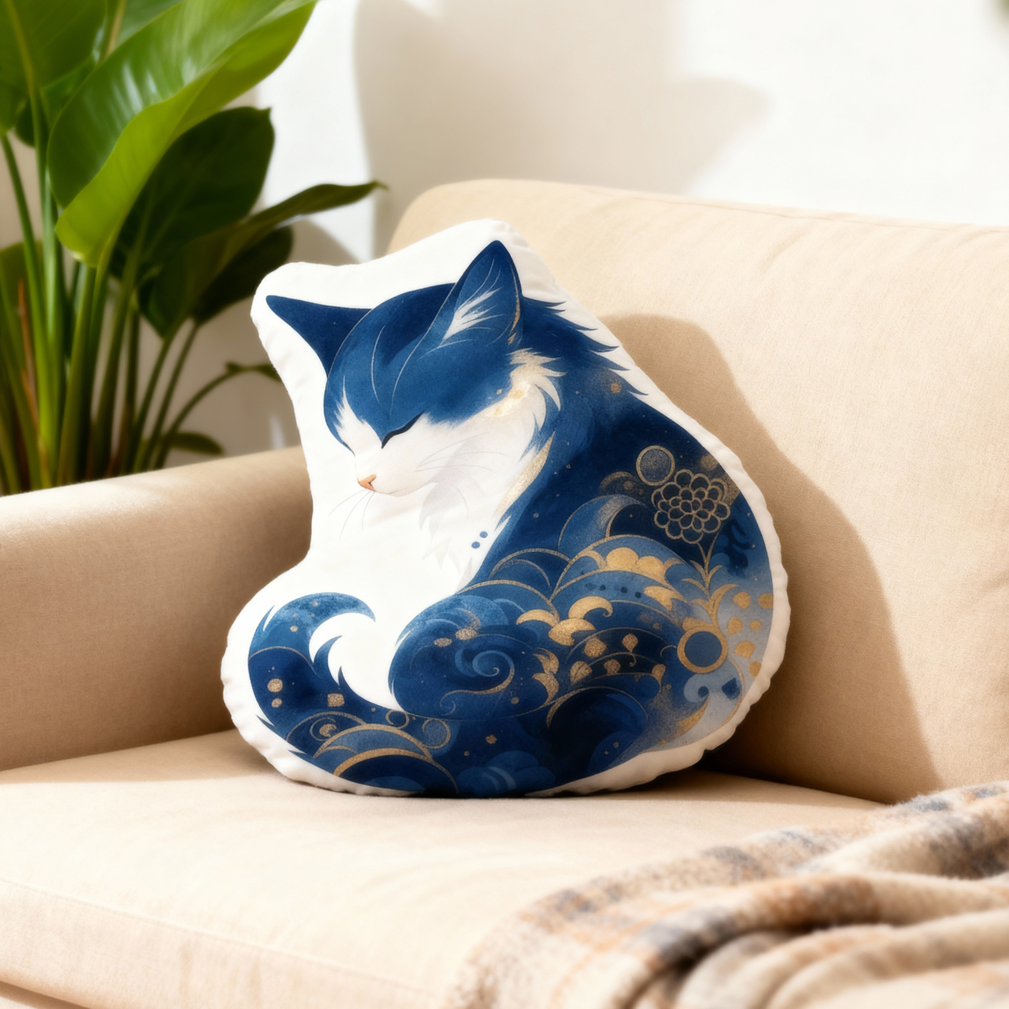 Tokyo-Tiger Retro Zen Cat: Living the Present Shaped Throw Pillow