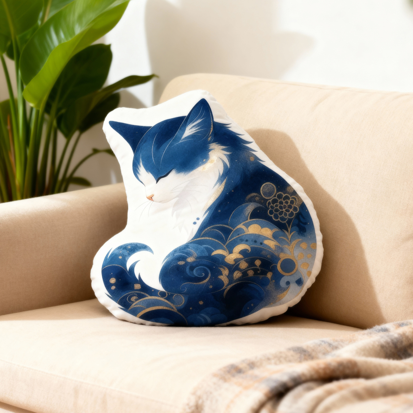 Tokyo-Tiger Retro Zen Cat: Living the Present Shaped Throw Pillow