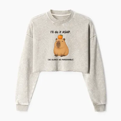 Tokyo-Tiger Slow Task Capybara Meme Washed Crop Sweatshirt