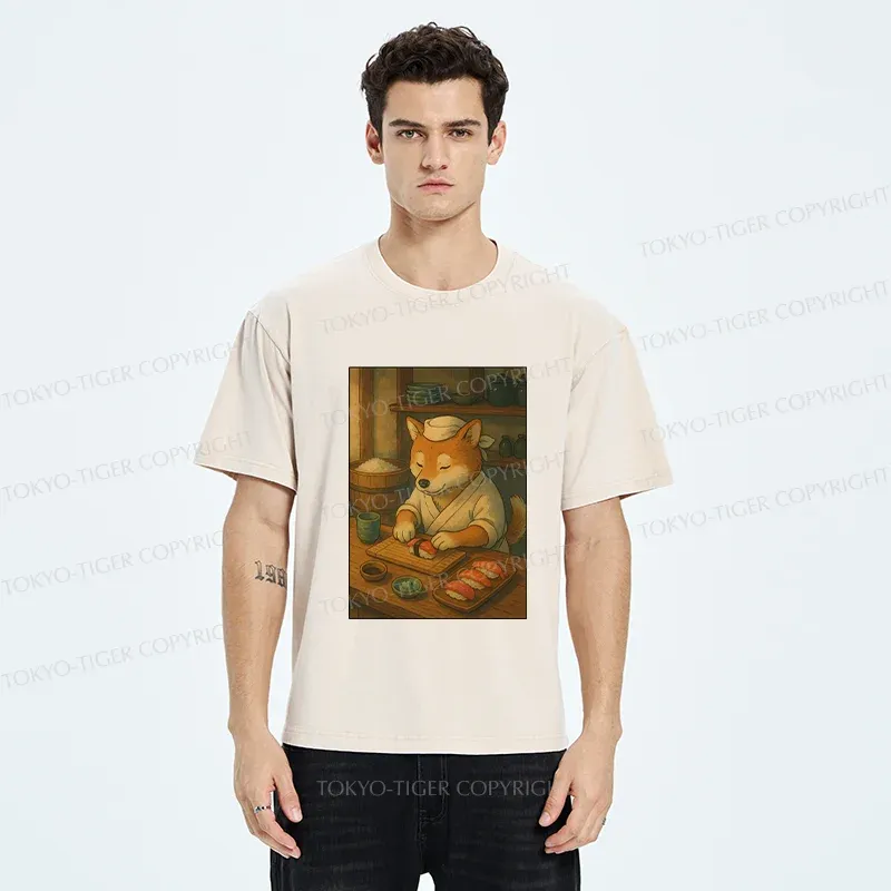 Tokyo-Tiger Dog Sushi Chef Washed T-Shirt