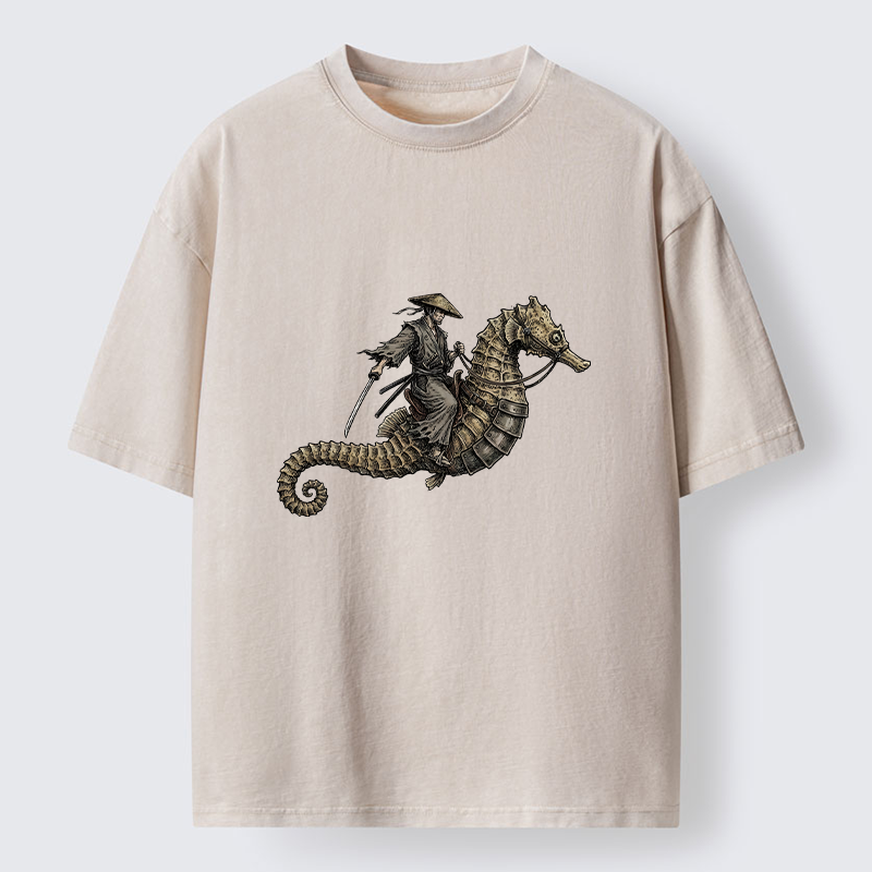 Tokyo-Tiger Samurai Riding Seahorse Washed T-Shirt