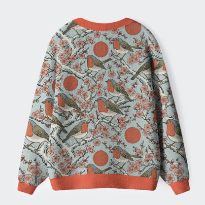 Tokyo-Tiger Winter Blossoms and Feathered Melodies Ugly Cardigan Sweater