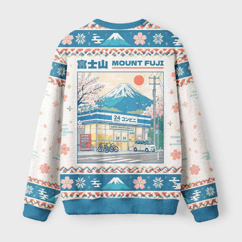 Tokyo-Tiger Mount Fuji Japanese Convenience Store Fuzzy Christmas Ugly Sweatshirt