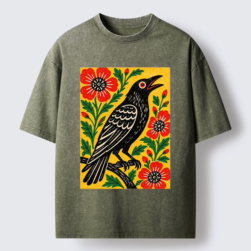 Tokyo-Tiger Vintage Crow Flower Folk Art Washed T-Shirt