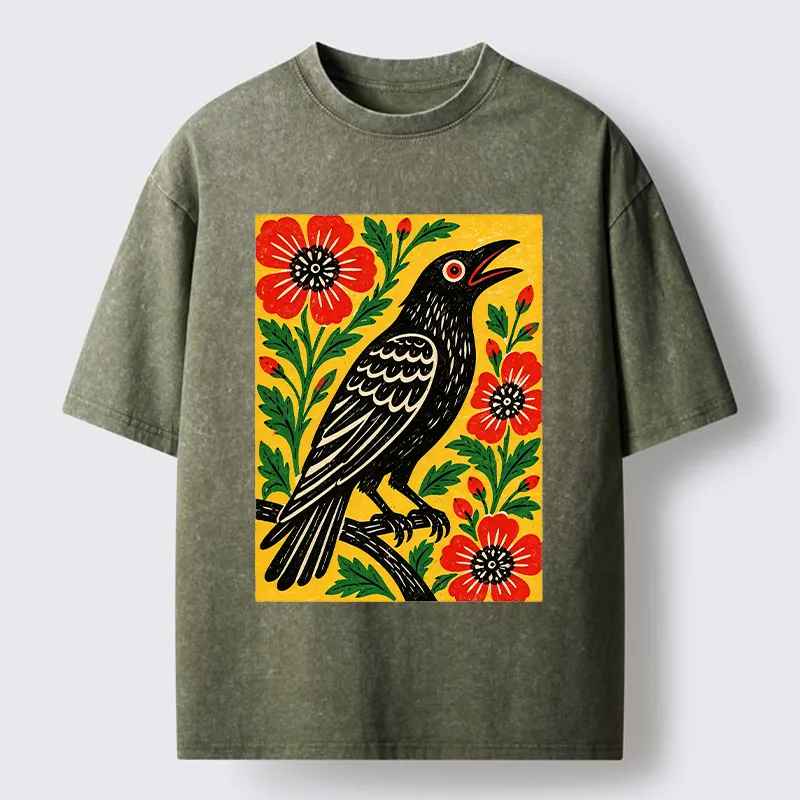 Tokyo-Tiger Vintage Crow Flower Folk Art Washed T-Shirt