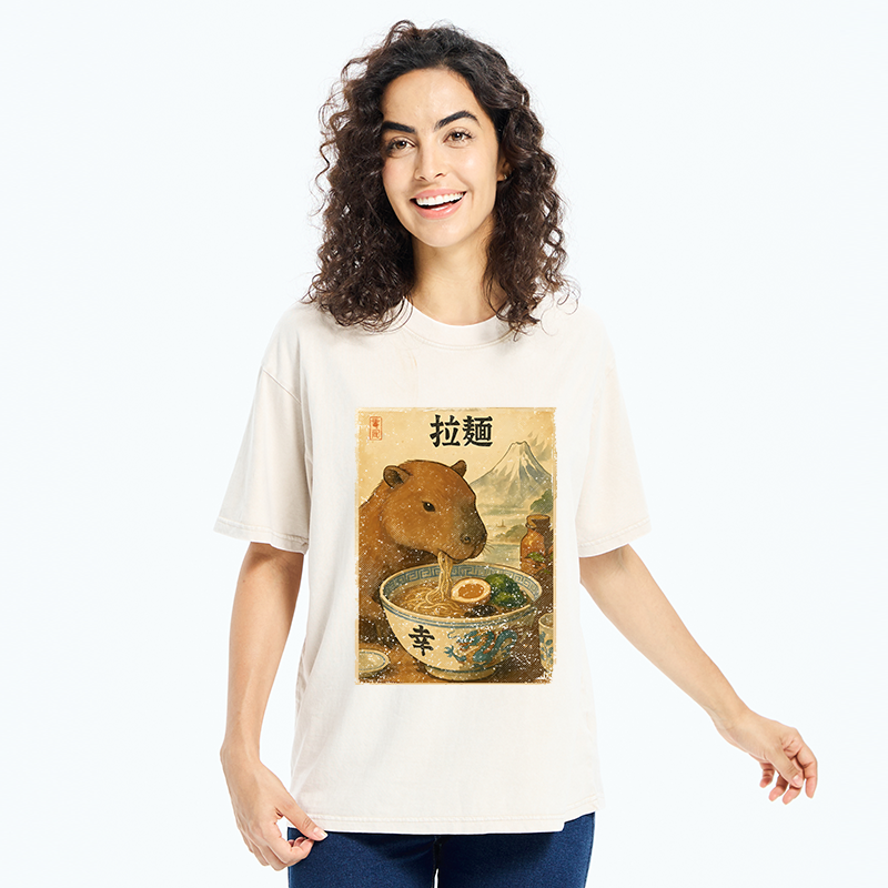Tokyo-Tiger Capybara Eating Japan Ramen Washed T-Shirt