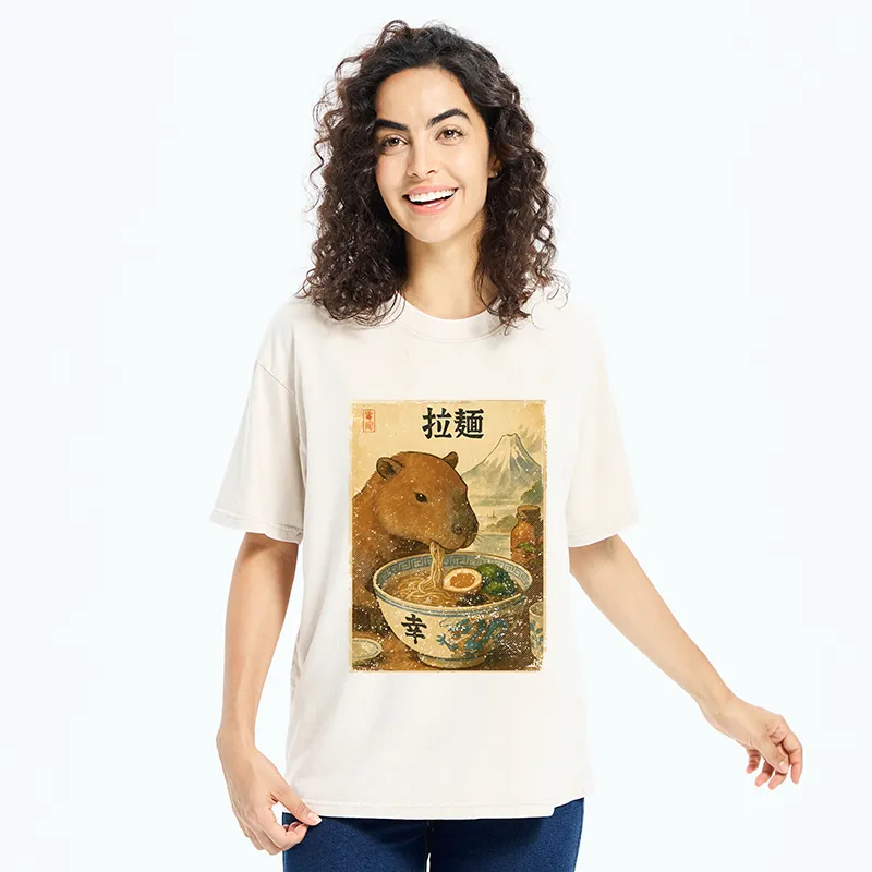 Tokyo-Tiger Capybara Eating Japan Ramen Washed T-Shirt