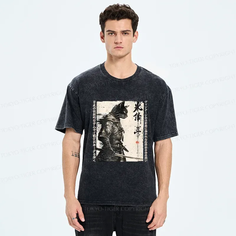 Tokyo-Tiger Cat Samurai Retro Washed T-Shirt