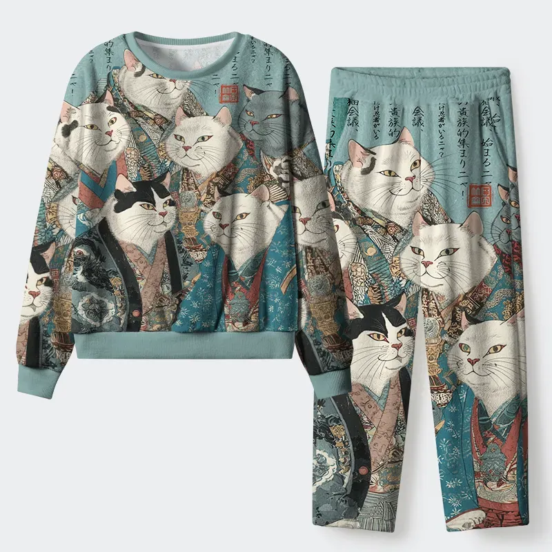 Tokyo-Tiger Formal Gathering of Ukiyo-e Cat Nobles Flannel Pajama Set