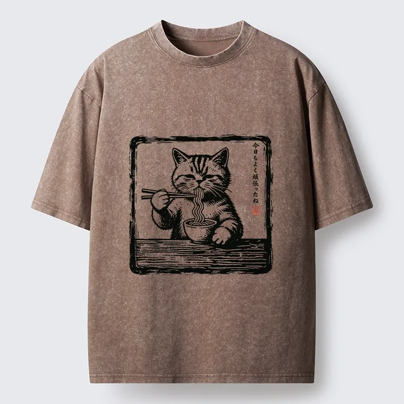 Tokyo‑Tiger Ramen Eating Cat Washed T‑Shirt