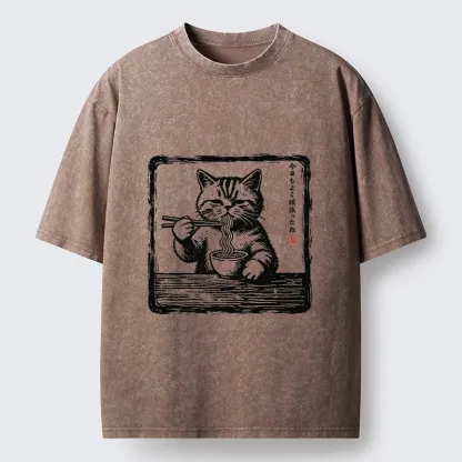 Tokyo‑Tiger Ramen Eating Cat Washed T‑Shirt