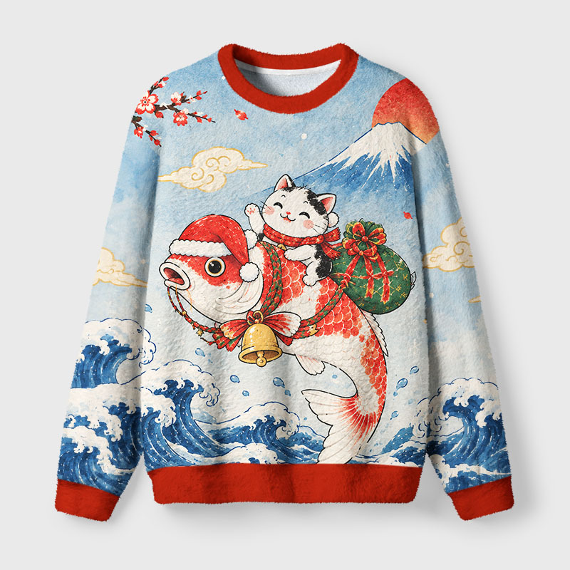 Tokyo-Tiger Cat Ride Koi Fuzzy Christmas Ugly Sweatshirt