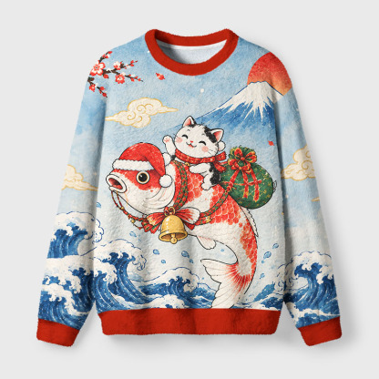 Tokyo-Tiger Cat Ride Koi Fuzzy Christmas Ugly Sweatshirt