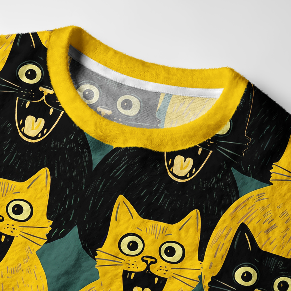 Tokyo-Tiger Yellow Cat And Black Cat Fuzzy Christmas Ugly Sweatshirt