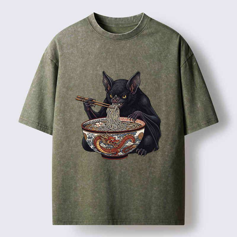 Tokyo-Tiger Bat Eating Ramen Washed T-Shirt