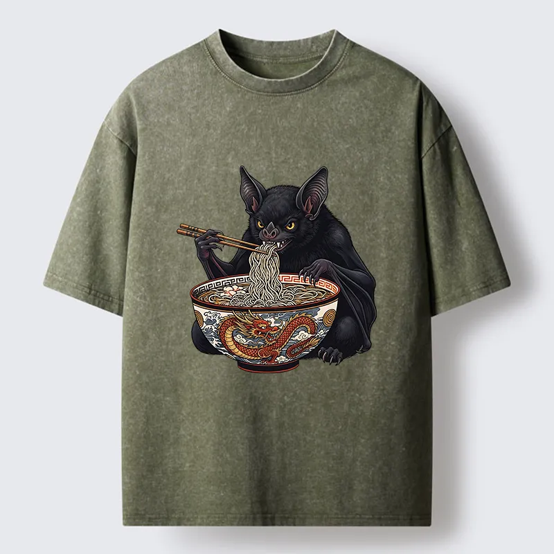 Tokyo-Tiger Bat Eating Ramen Washed T-Shirt
