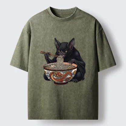 Tokyo-Tiger Bat Eating Ramen Washed T-Shirt
