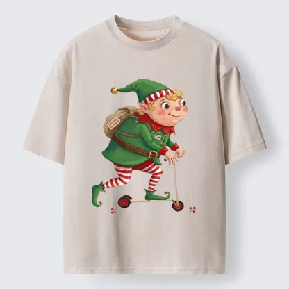 Tokyo-Tiger Christmas Elf Scooter Ride Washed T-Shirt