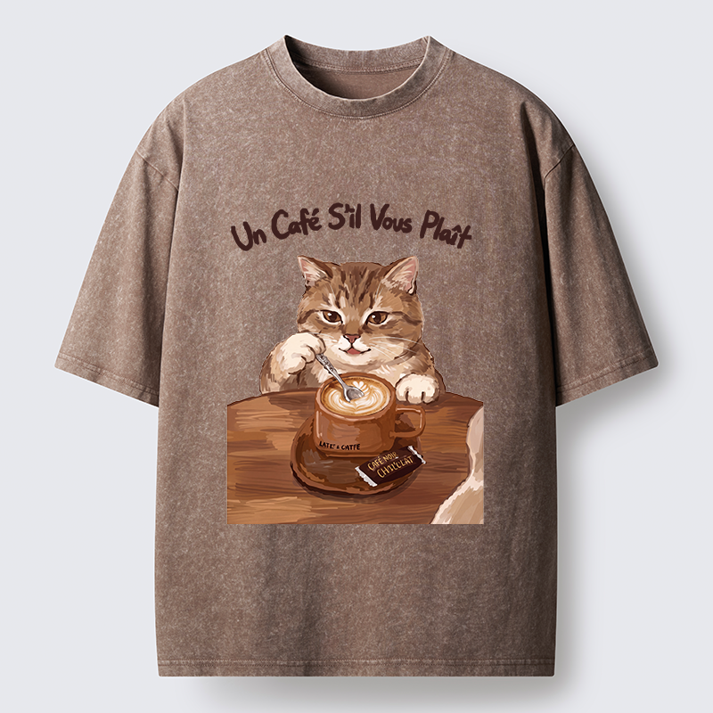 Tokyo-Tiger Cat Stirring Coffee Washed T-Shirt