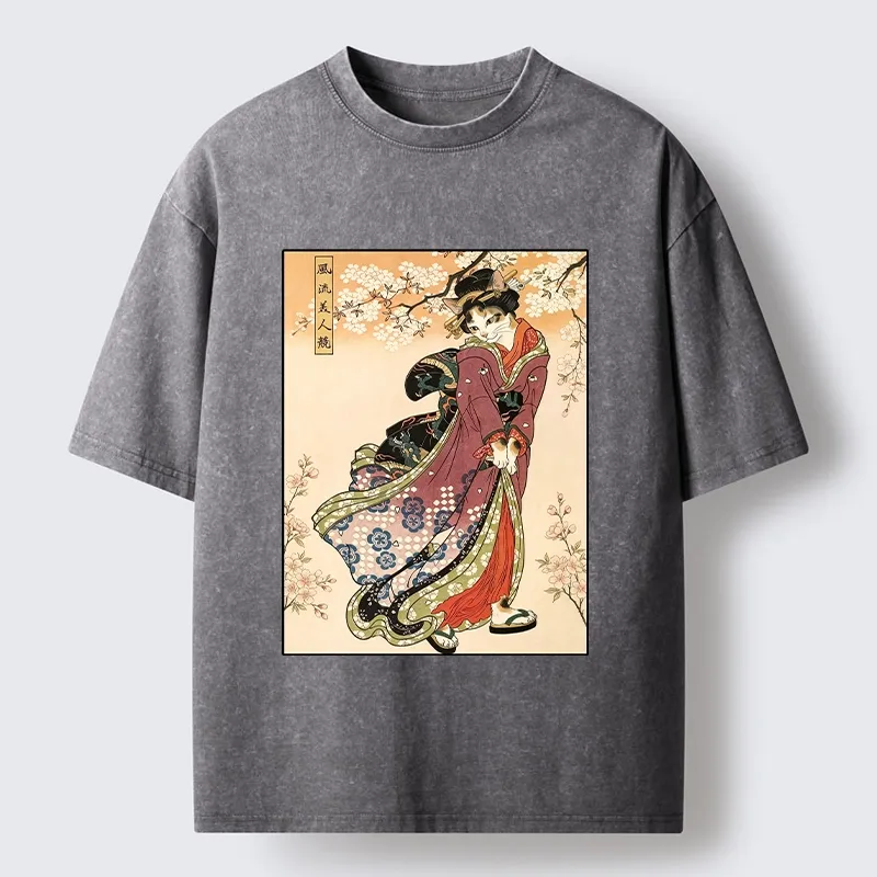 Tokyo‑Tiger Kimono Cat Art Washed T‑Shirt