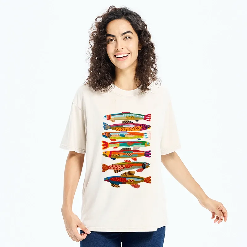 Tokyo-Tiger Colorful Fish Folk Art Print Washed T-Shirt
