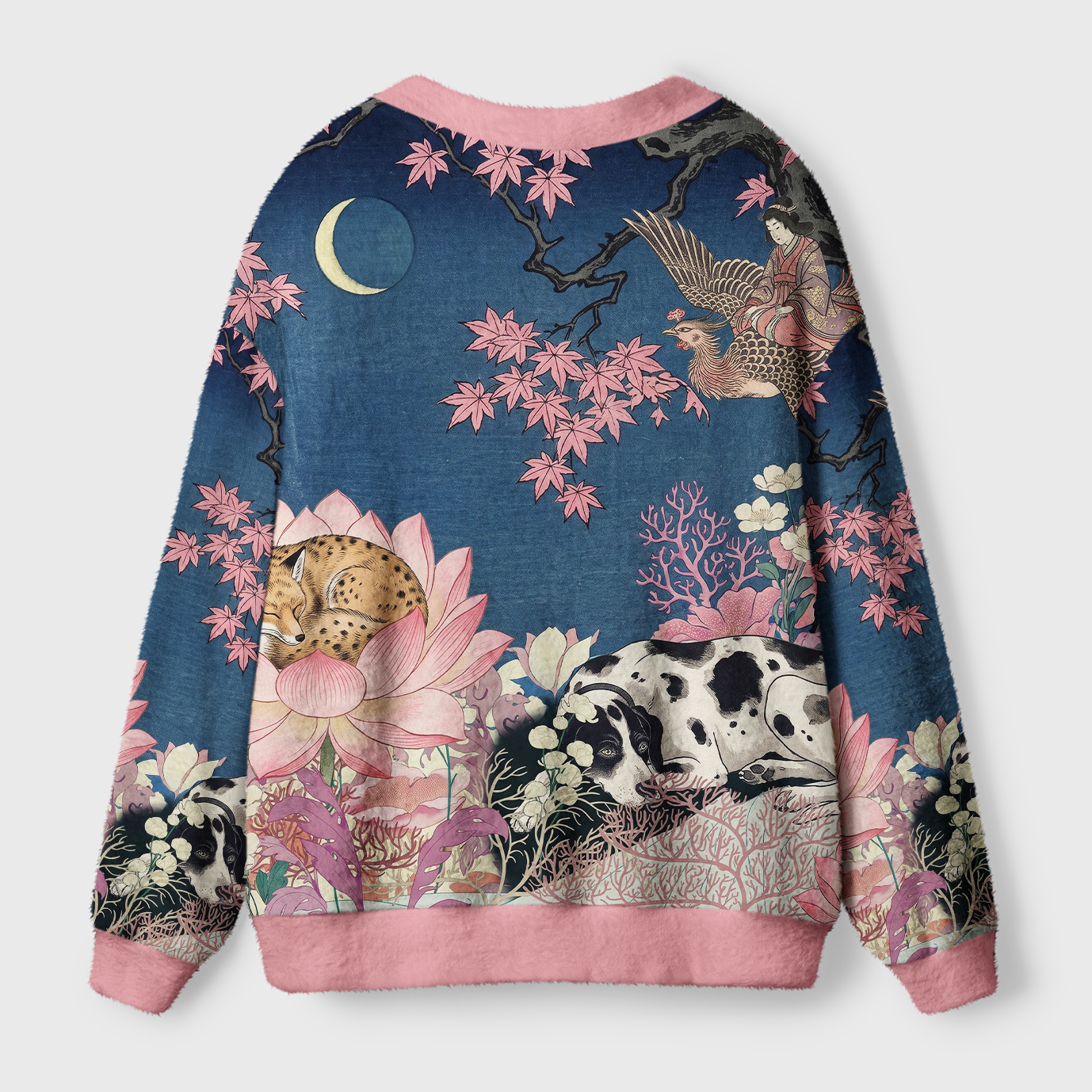 Tokyo-Tiger Oriental Ukiyo Art Animal & Lotus Ugly Cardigan Sweater