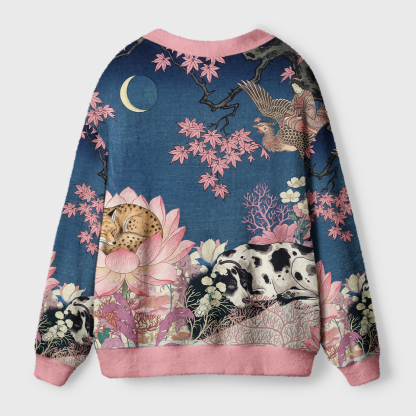 Tokyo-Tiger Oriental Ukiyo Art Animal & Lotus Ugly Cardigan Sweater
