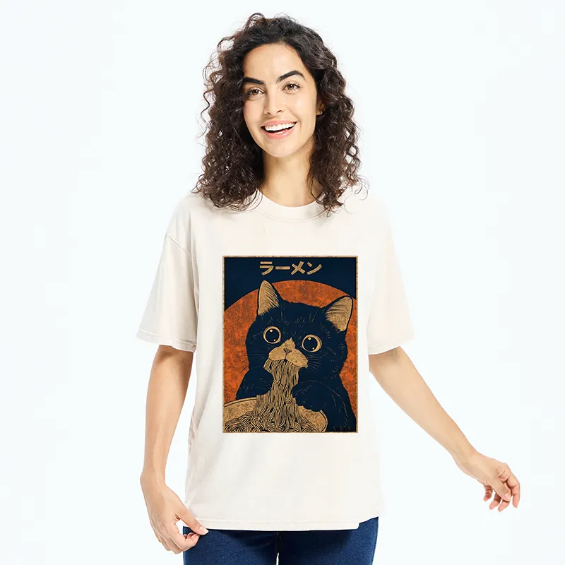 Tokyo-Tiger Retro Black Cat Eats Delicious Ramen Washed T-Shirt