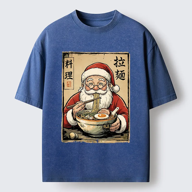 Tokyo-Tiger Santa Eating Ramen Meme Washed T-Shirt