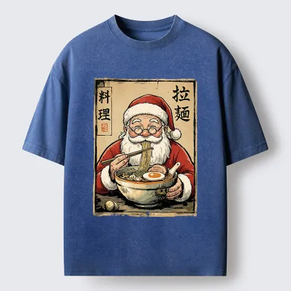 Tokyo-Tiger Santa Eating Ramen Meme Washed T-Shirt
