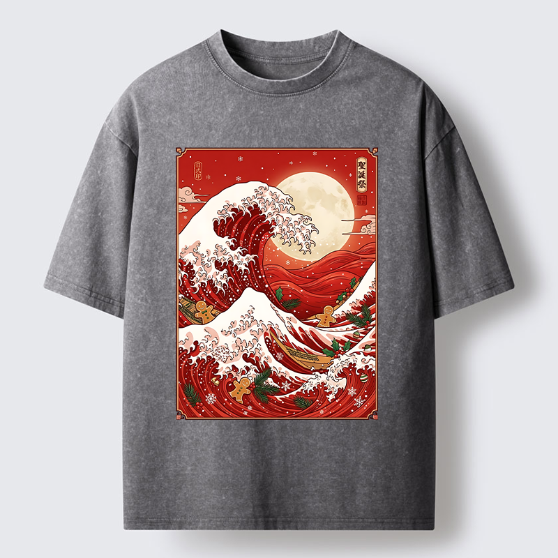 Tokyo-Tiger Gingerbread Surfing Christmas Wave Art Washed T-Shirt