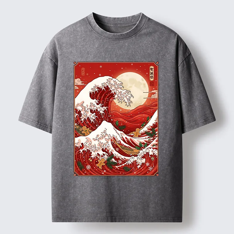Tokyo-Tiger Gingerbread Surfing Christmas Wave Art Washed T-Shirt