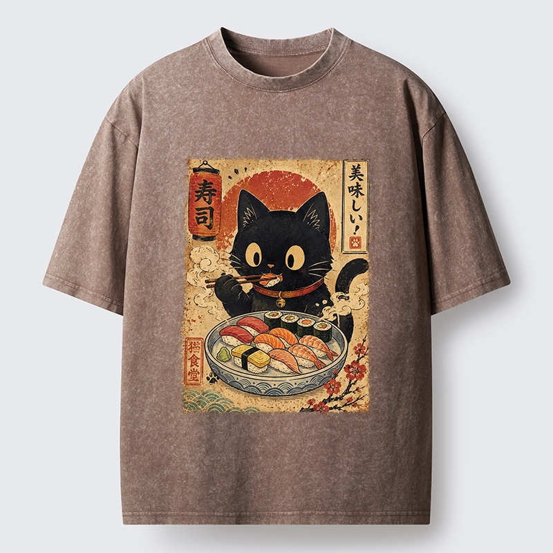Tokyo‑Tiger Japanese Food Cat Washed T‑Shirt