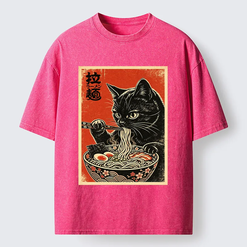 Tokyo-Tiger Japanese Ramen Cat Art Washed T-Shirt