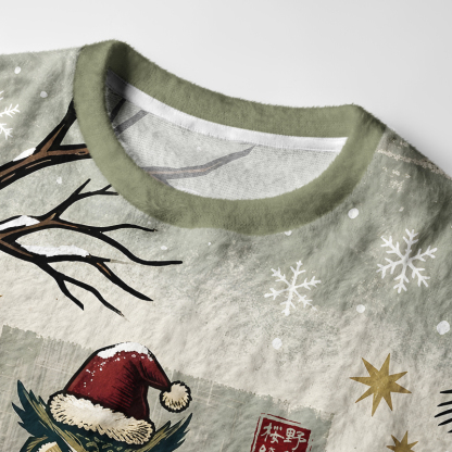 Tokyo-Tiger Vintage Woodcut Owl on Snow Branch Fuzzy Christmas Ugly Sweatshirt