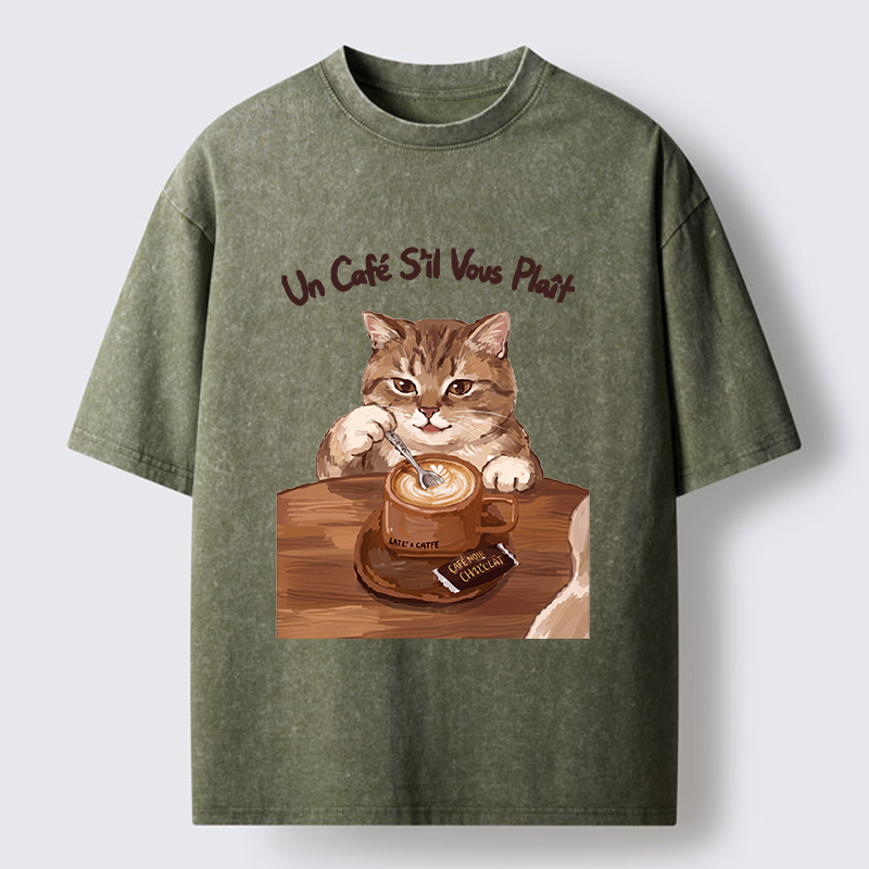 Tokyo-Tiger Cat Stirring Coffee Washed T-Shirt