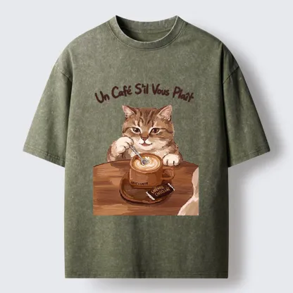 Tokyo-Tiger Cat Stirring Coffee Washed T-Shirt